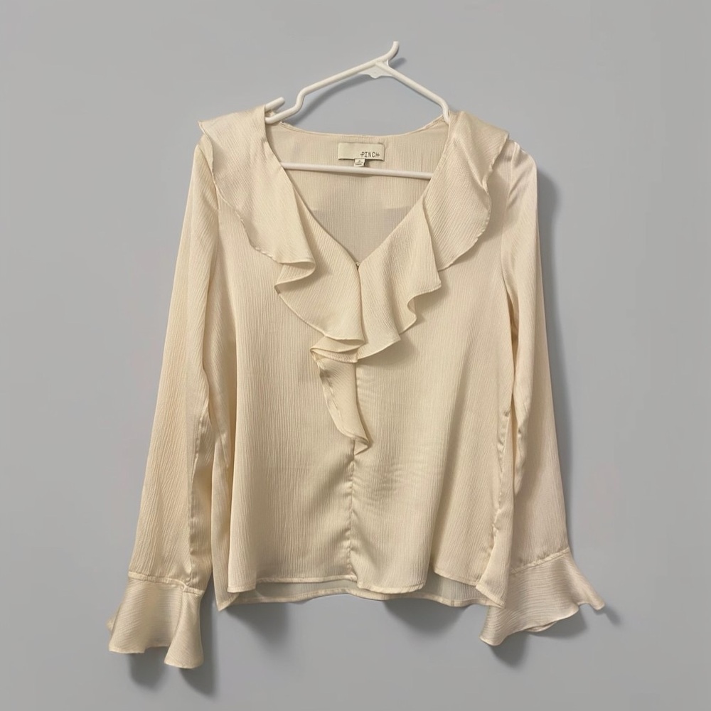Boho Cream Pinch Ruffle Blouse with Statement Sleeves Cottage Light Flowy